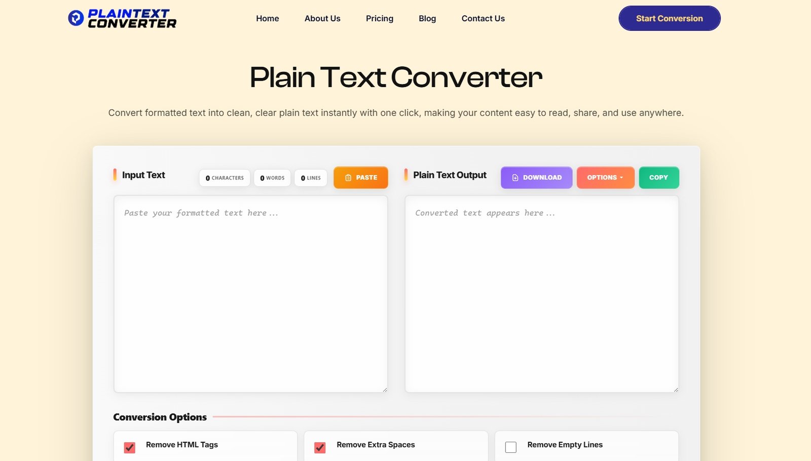 PlainTextConverter website screenshot